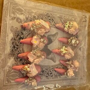 Pink Floral 3D Press On Nails Stiletto With Pearls Rhinestones Charms